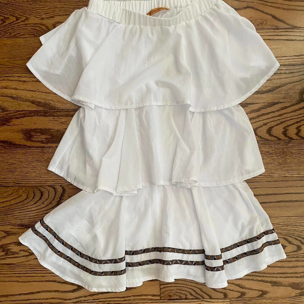 Handmade Tiered White Ruffled Skirt with Shweshwe ribbons for Ginger Mary